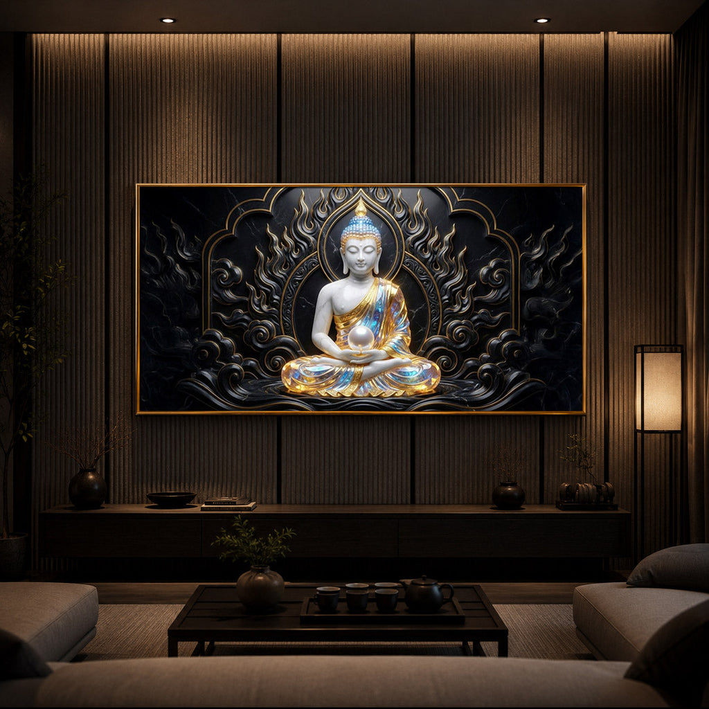 Meditating Buddha Ji Modern Luxury Backlight Horizontal Wall Art