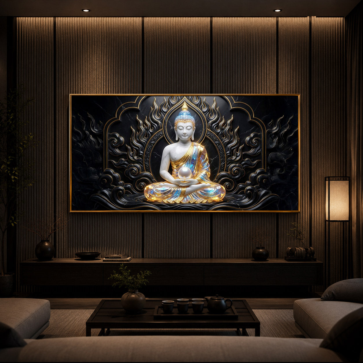 Meditating Buddha Ji Modern Luxury Backlight Horizontal Wall Art