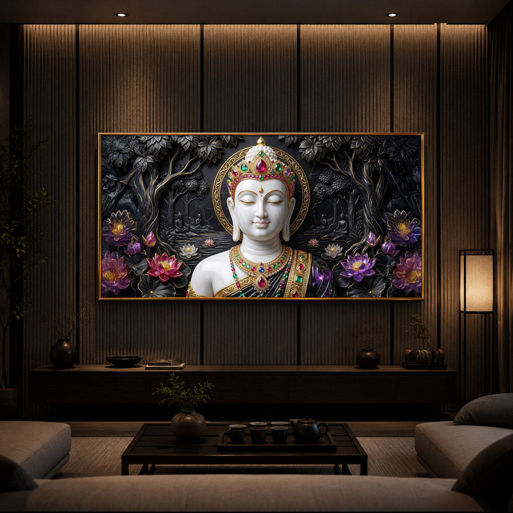 Lotus Serenity Lord Buddha Modern Luxury Backlight Horizontal Wall Art