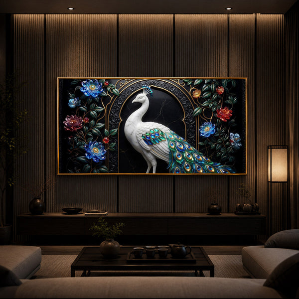 Majestic Peacock With Flower Modern Luxury Backlight Horizontal Wall Art