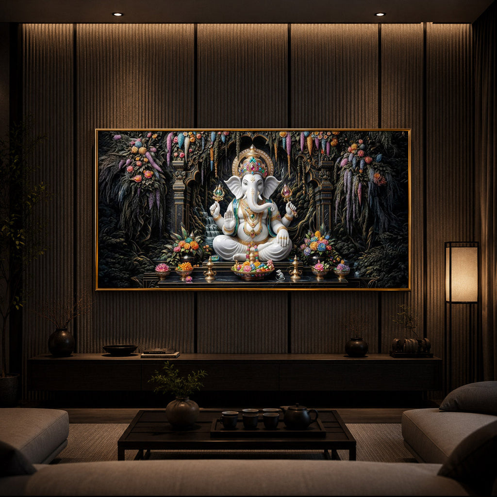 Lord Ganesha In A Serene Modern Luxury Backlight Horizontal Wall Art