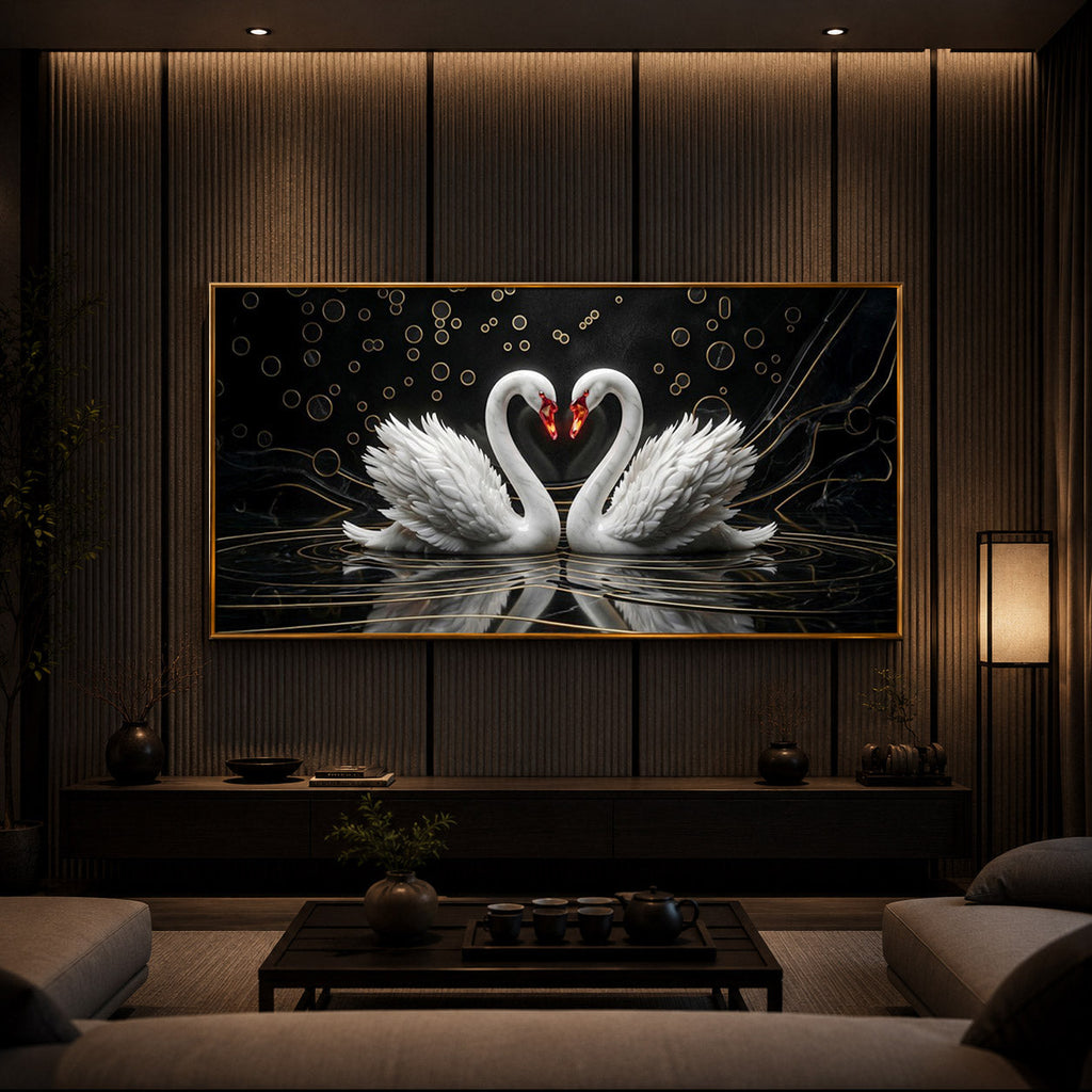 Two White Swans Forming A Heart Modern Luxury Backlight Horizontal Wall Art