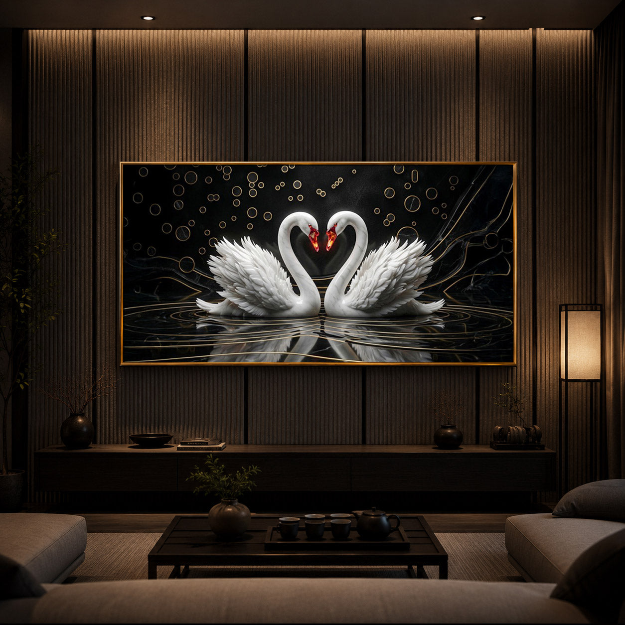 Two White Swans Forming A Heart Modern Luxury Backlight Horizontal Wall Art