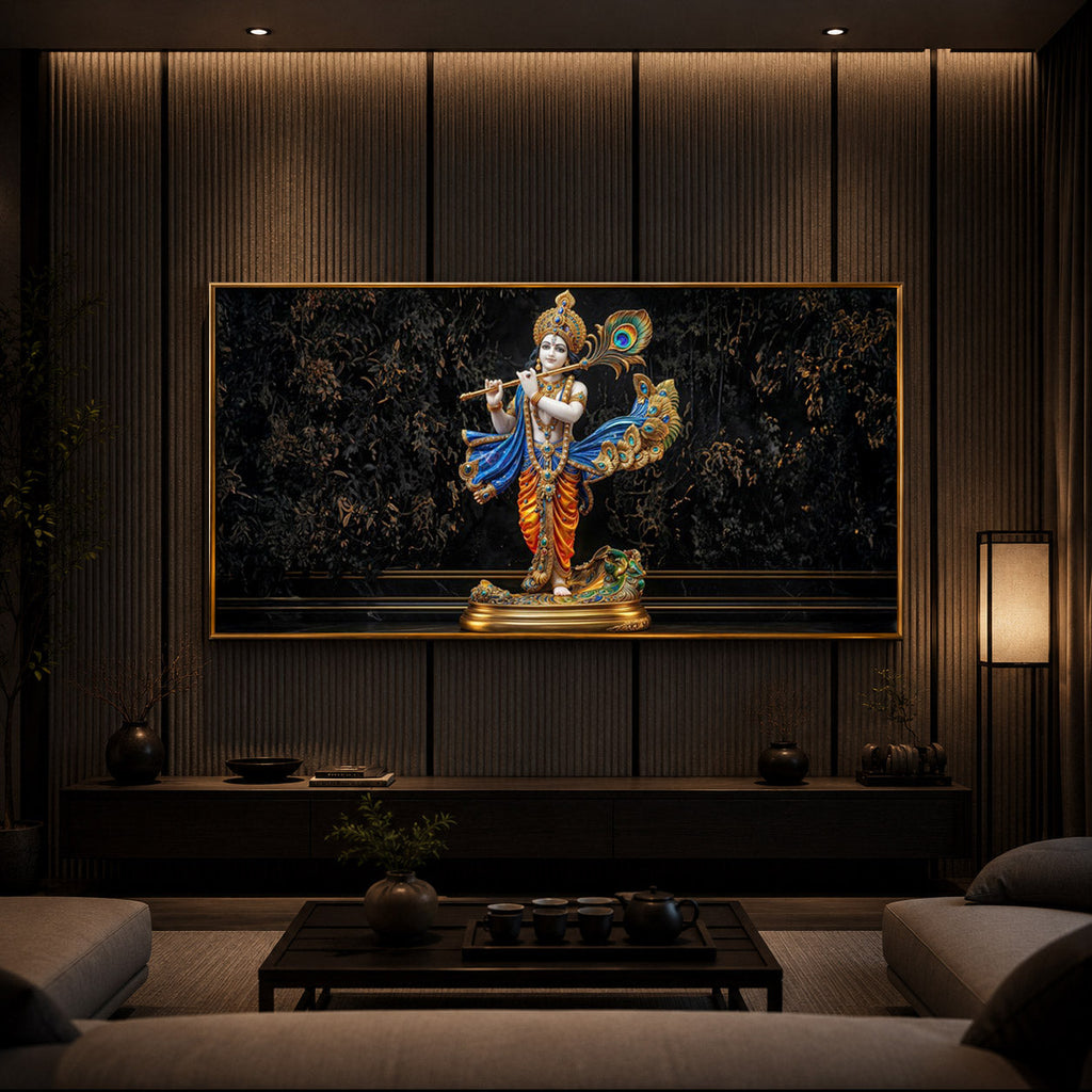 Lord Krishna With Flute Modern Luxury Backlight Horizontal Wall Art