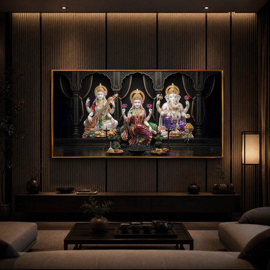 Saraswati,Lakshmi, & Lord Ganesha Modern Luxury Backlight Horizontal Wall Art