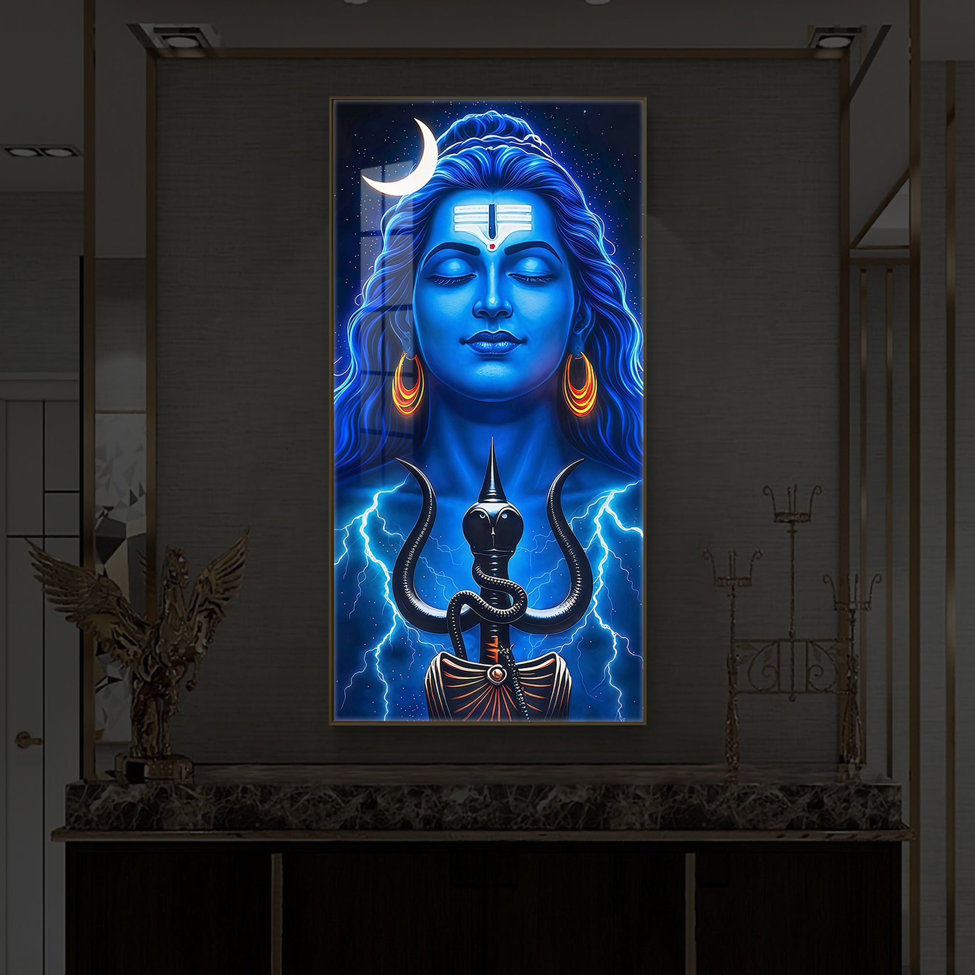 Lord Shiva Trishul Modern Luxury Backlight Vertical Wall Art