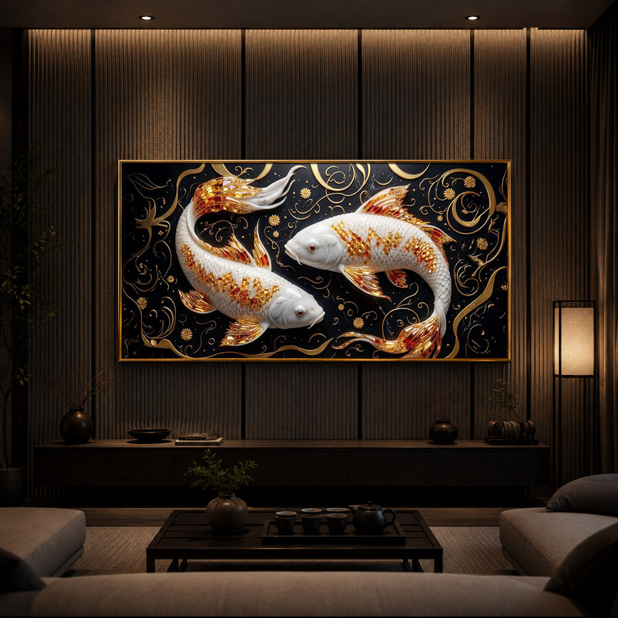 Two Golden Koi Fish Modern Luxury Backlight Horizontal Wall Art