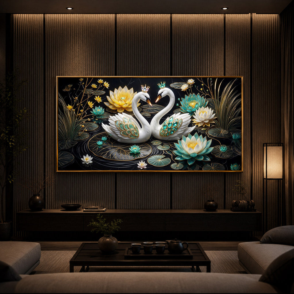Pair Of White Swans Modern Luxury Backlight Horizontal Wall Art
