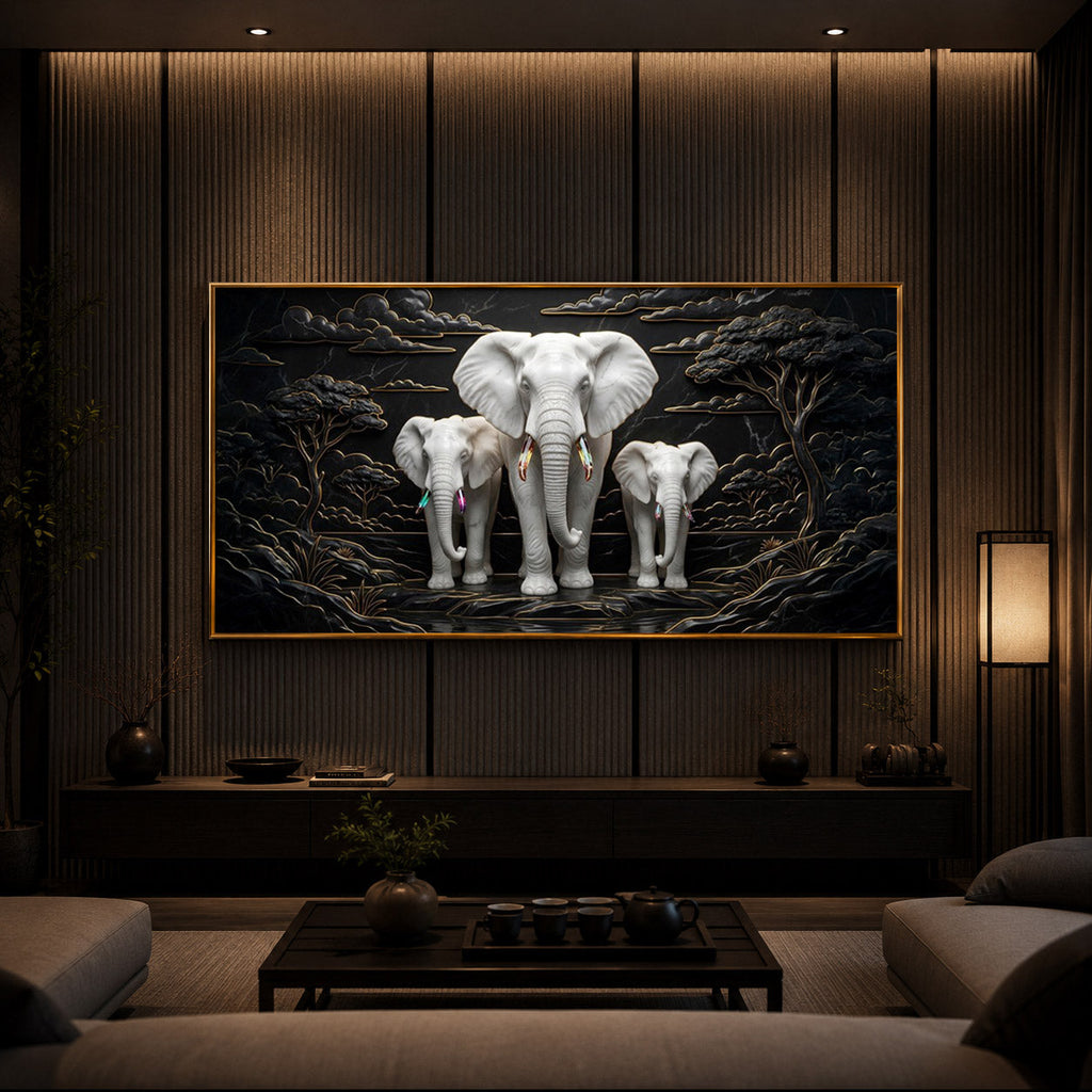 White Elephant Family Modern Luxury Backlight Horizontal Wall Art