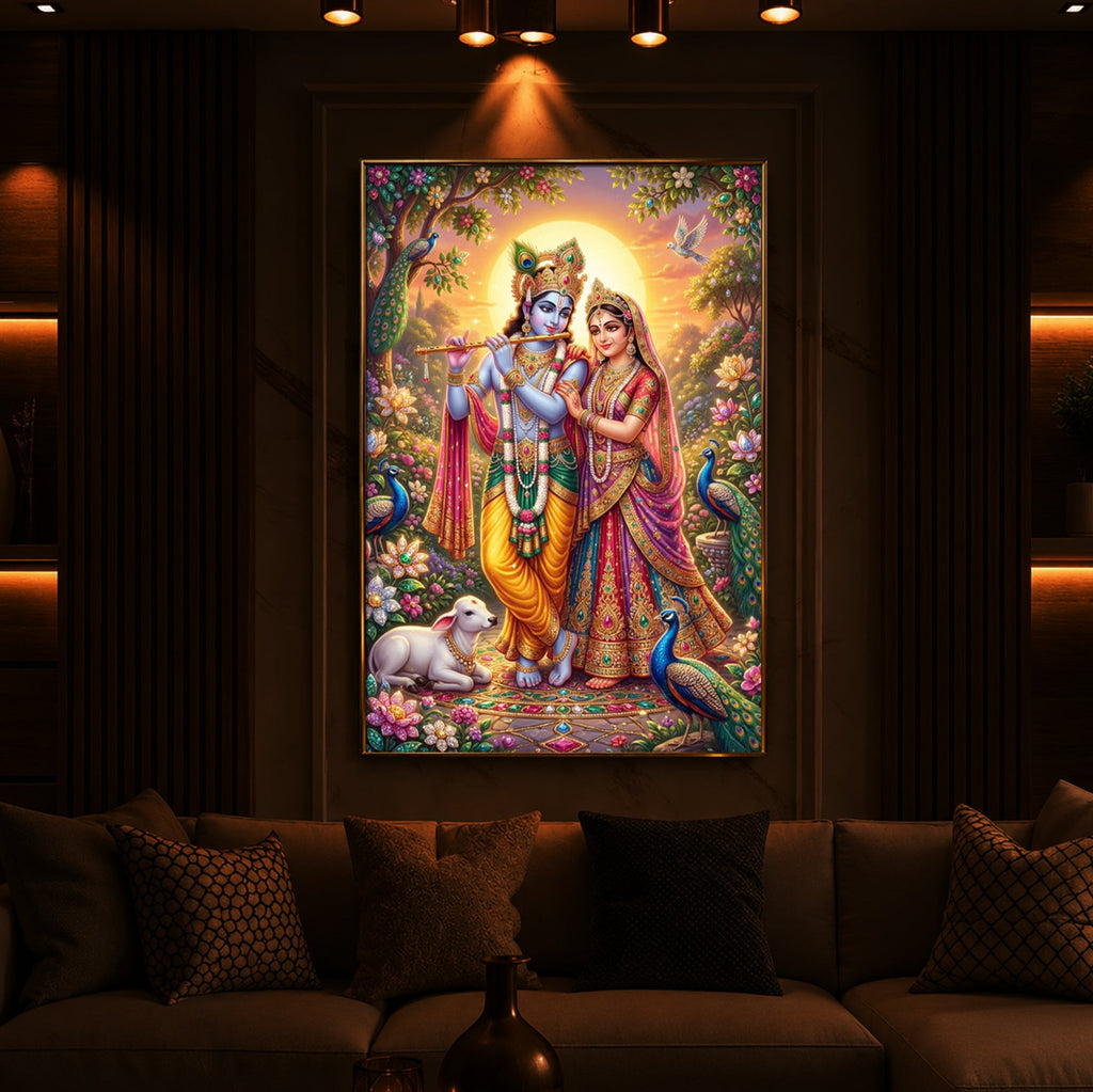 Radha Krishna Divine Harmony Modern Luxury Backlight Vertical Wall Art