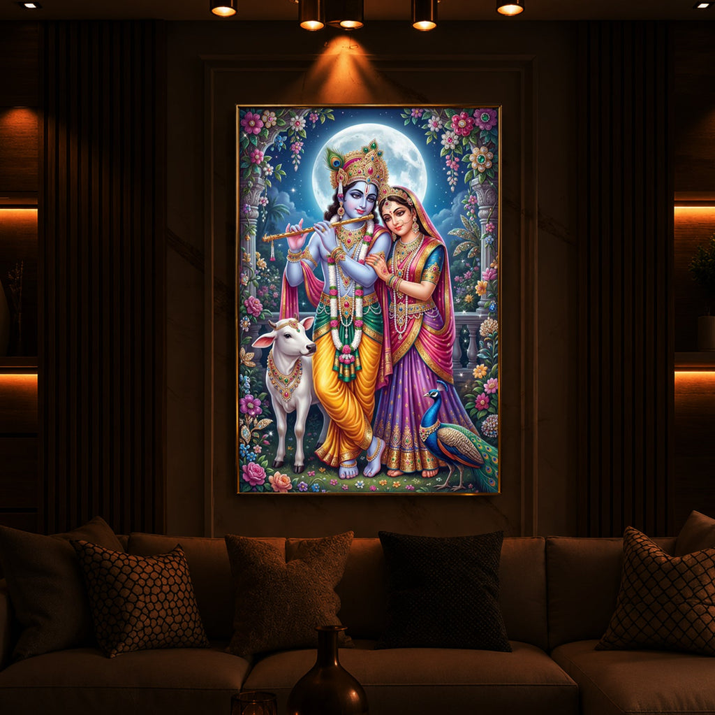 Moonlit Radha Krishna Leela Modern Luxury Backlight Vertical Wall Art