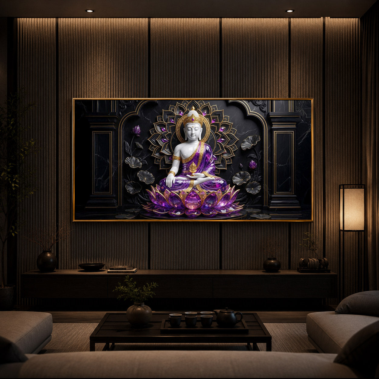 Buddha In Purple Robes Modern Luxury Backlight Horizontal Wall Art