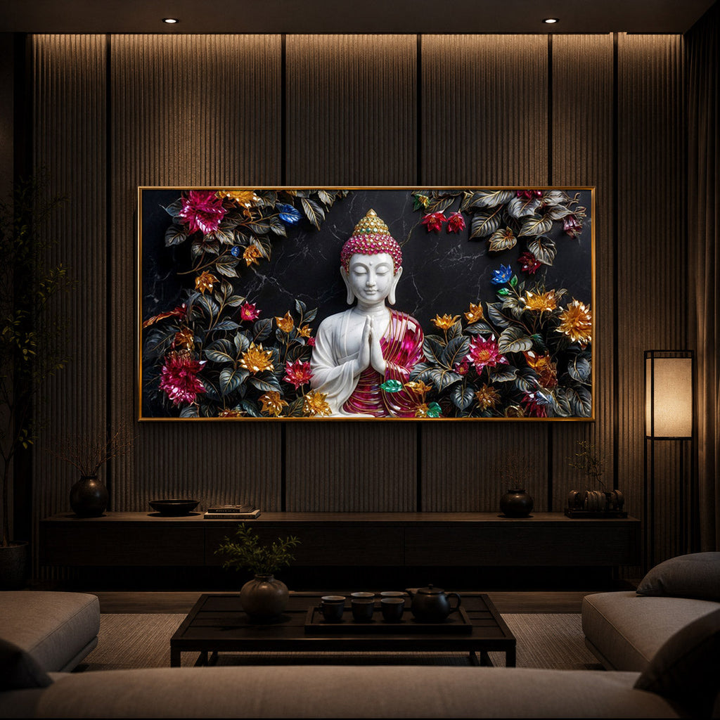 White Buddha With Pink Lotus Modern Luxury Backlight Horizontal Wall Art