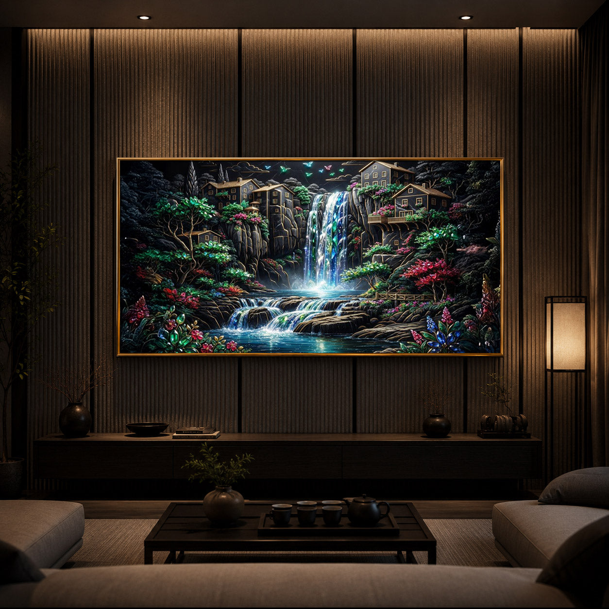 Lush Mountain Waterfall Modern Luxury Backlight Horizontal Wall Art
