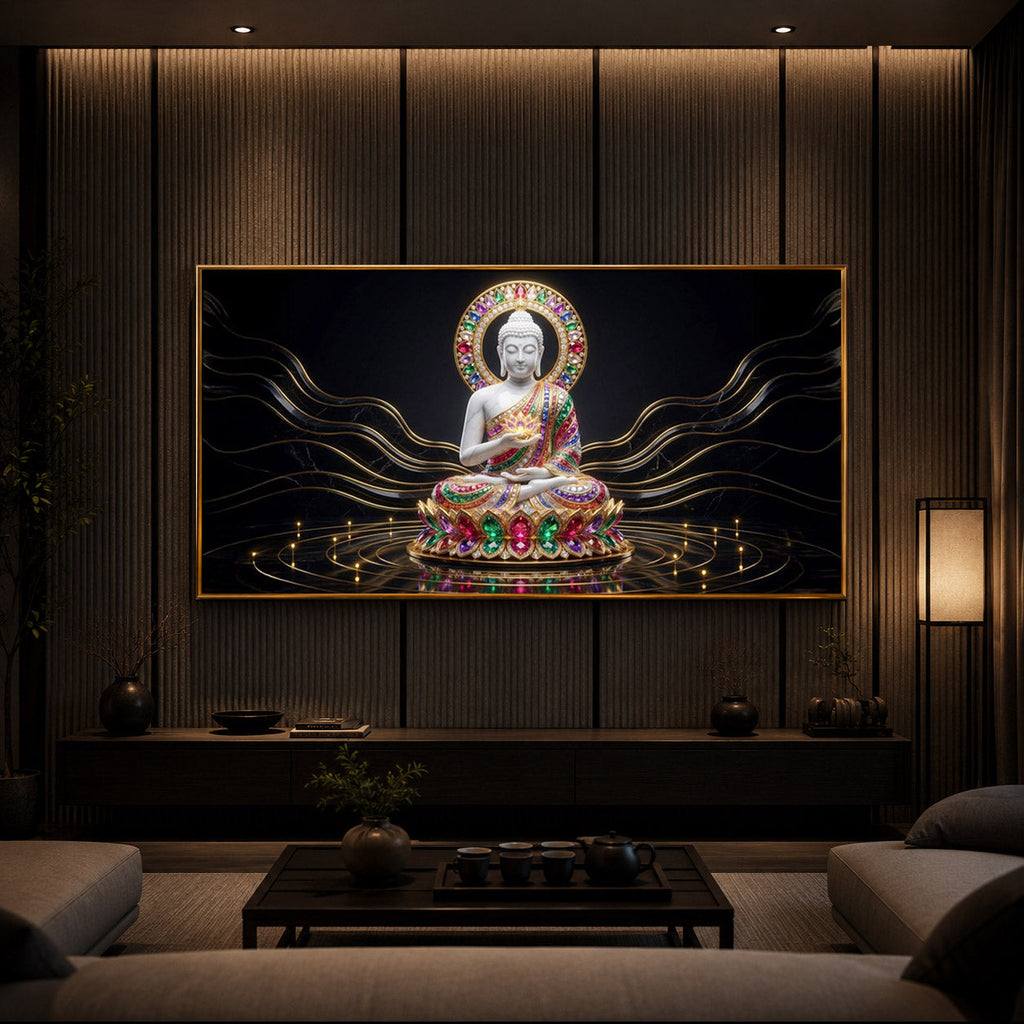 White Buddha Statue Modern Luxury Backlight Horizontal Wall Art