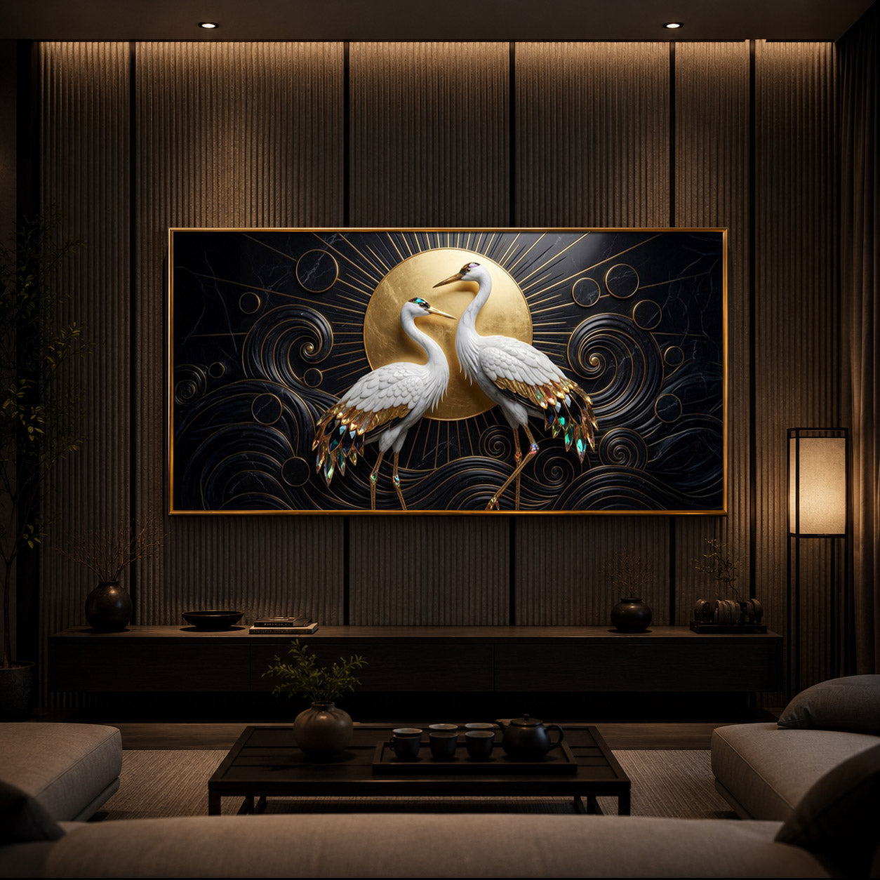 White Crane Modern Luxury Backlight Horizontal Wall Art