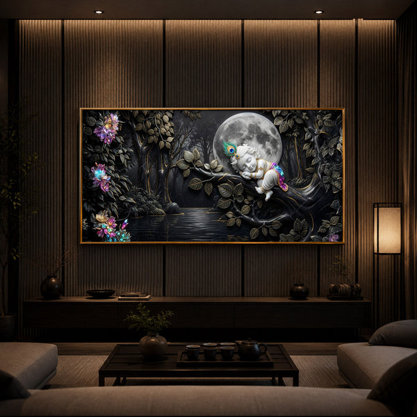 Divine Lord Little Krishna Modern Luxury Backlight Horizontal Wall Art