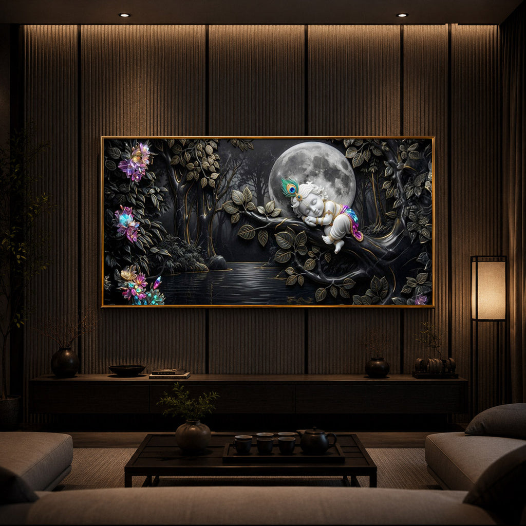 Divine Lord Little Krishna Modern Luxury Backlight Horizontal Wall Art