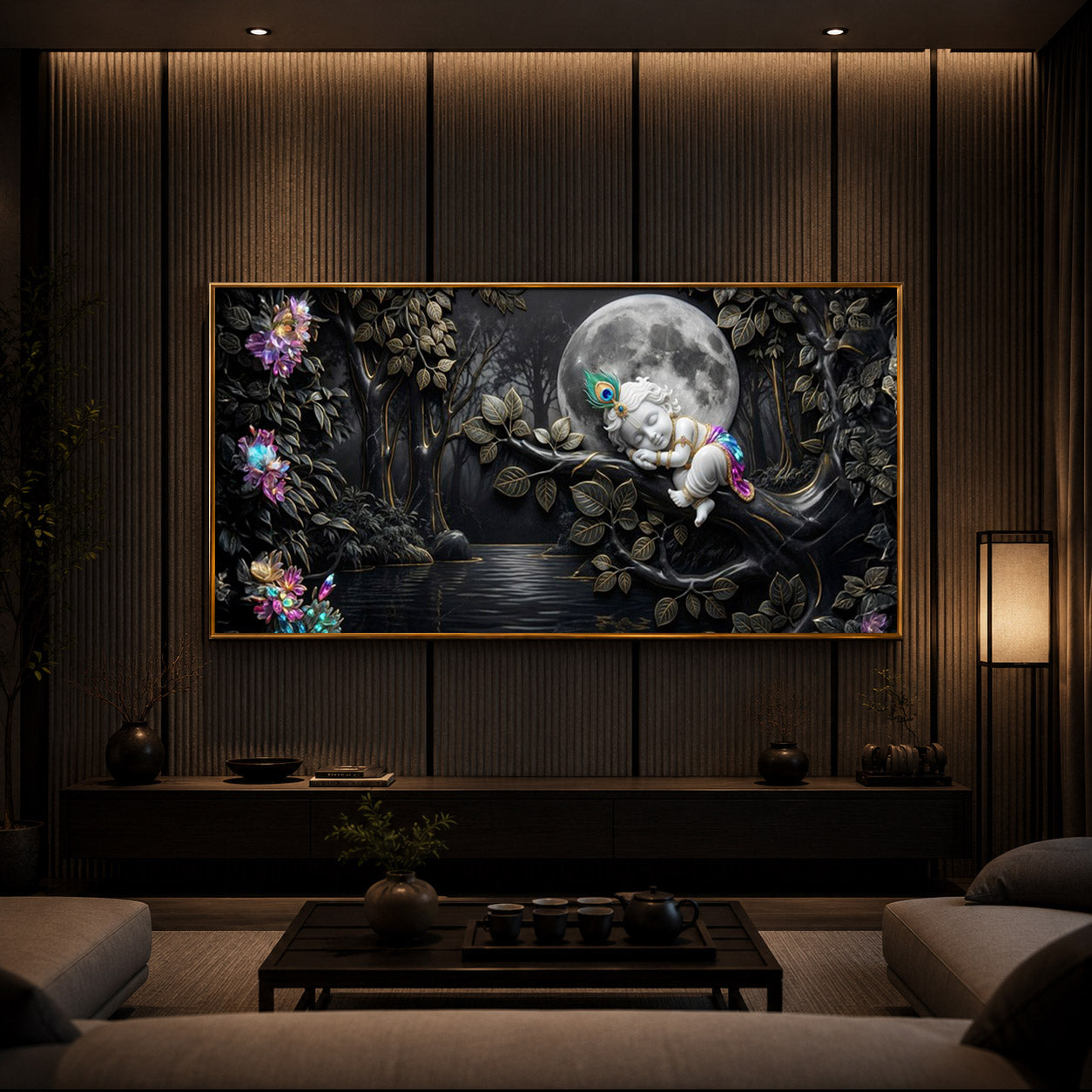 Divine Lord Little Krishna Modern Luxury Backlight Horizontal Wall Art