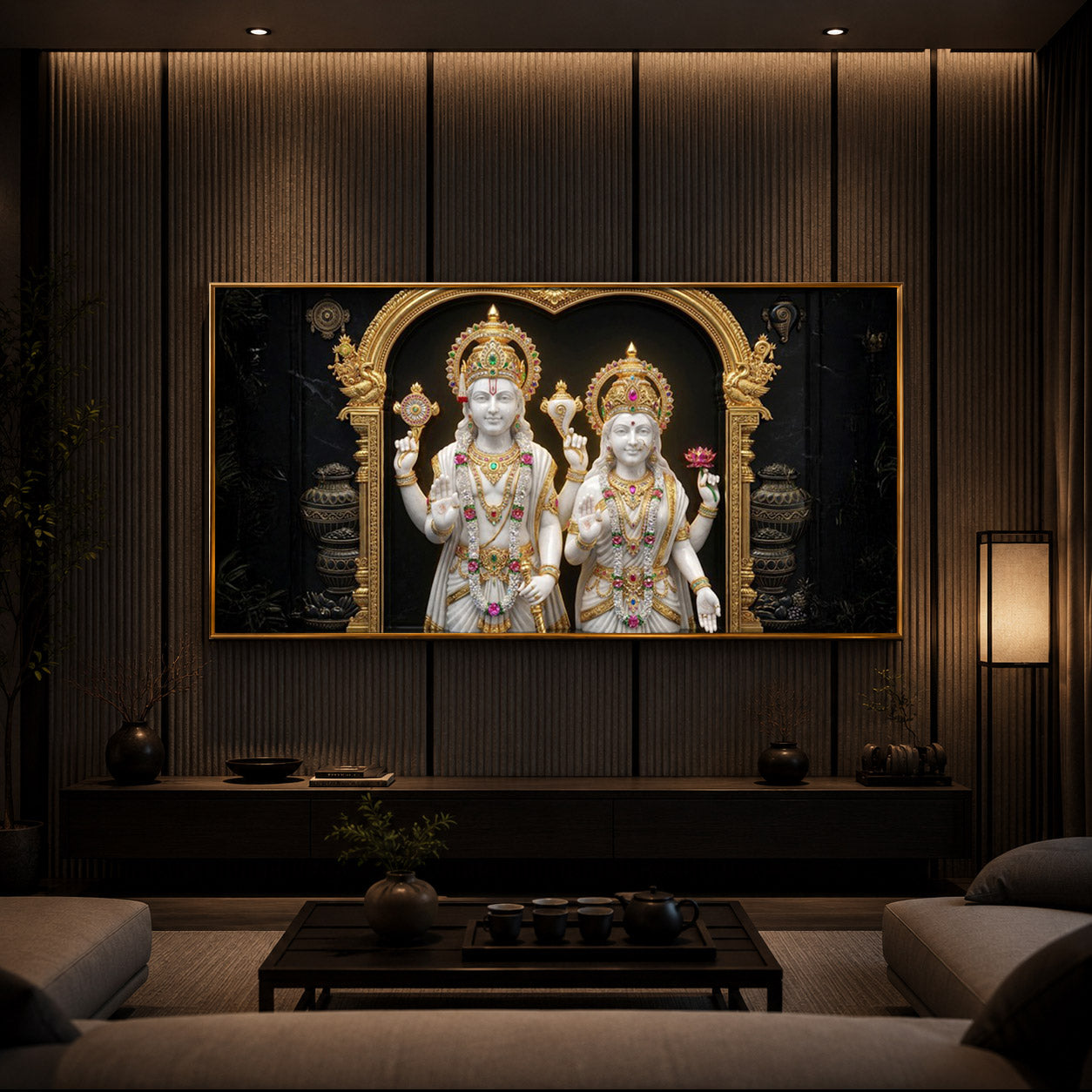 Lord Vishnu & Goddess Lakshmi Modern Luxury Backlight Horizontal Wall Art