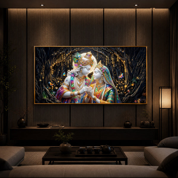 Spiritual Moonlight Radha Krishna Modern Luxury Backlight Horizontal Wall Art