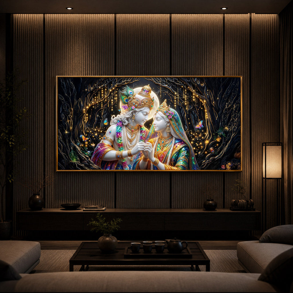 Spiritual Moonlight Radha Krishna Modern Luxury Backlight Horizontal Wall Art