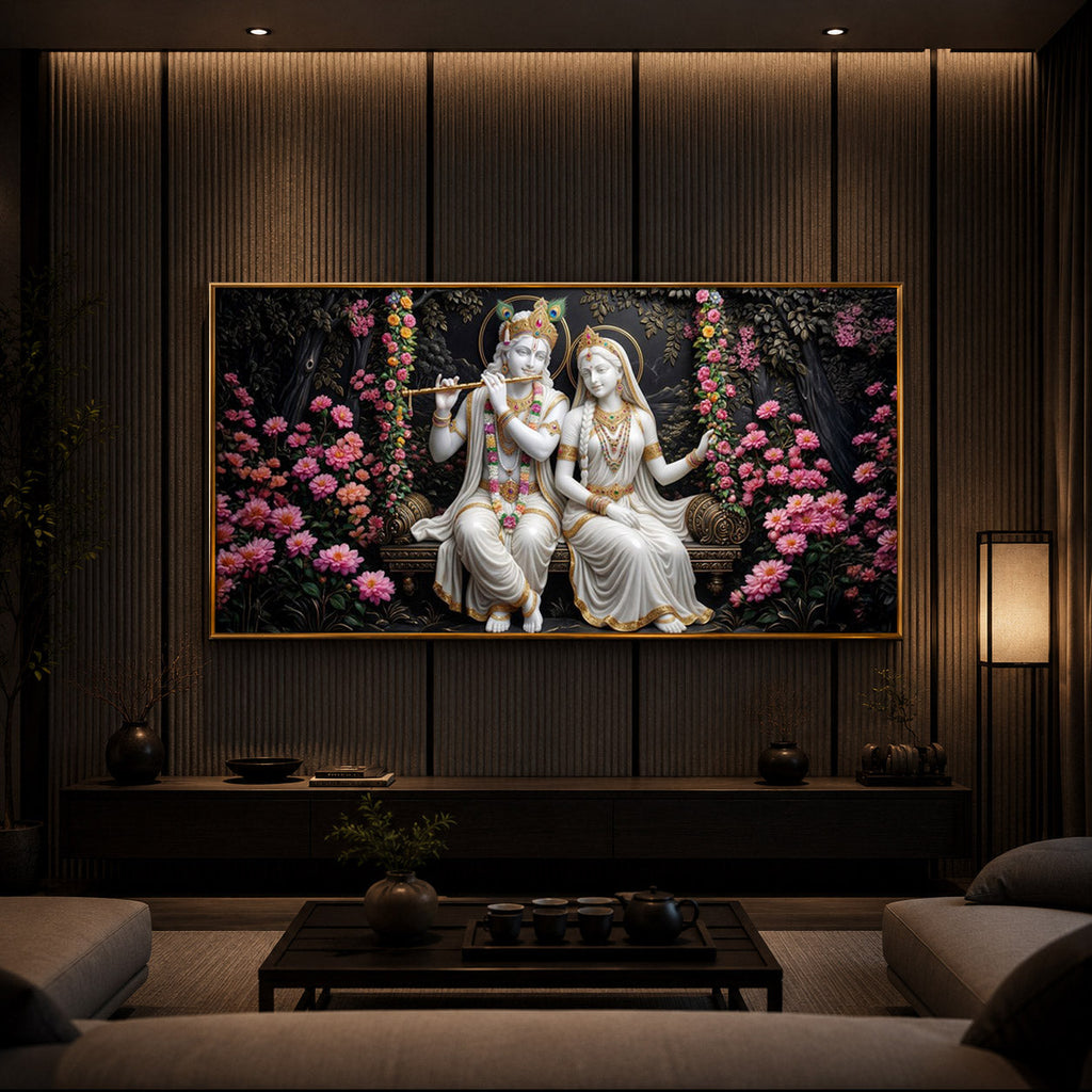 Radha Krishna With Flower Modern Luxury Backlight Horizontal Wall Art