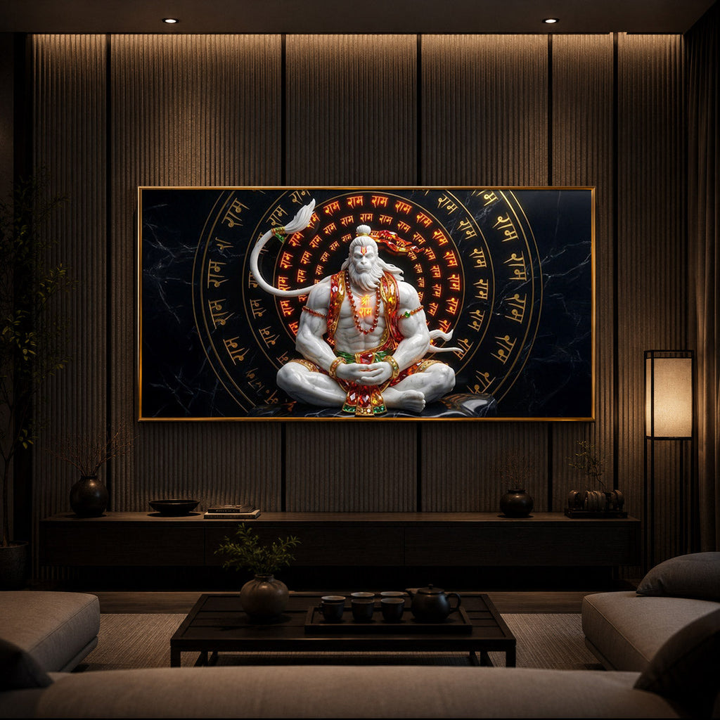 Lord Hanuman Sitting In A Meditative Modern Luxury Backlight Horizontal Wall Art