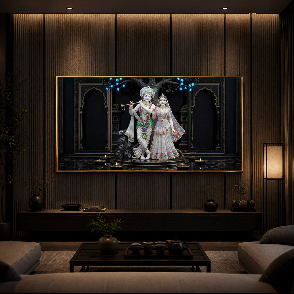 Radha Krishna With Flute Modern Luxury Backlight Horizontal Wall Art
