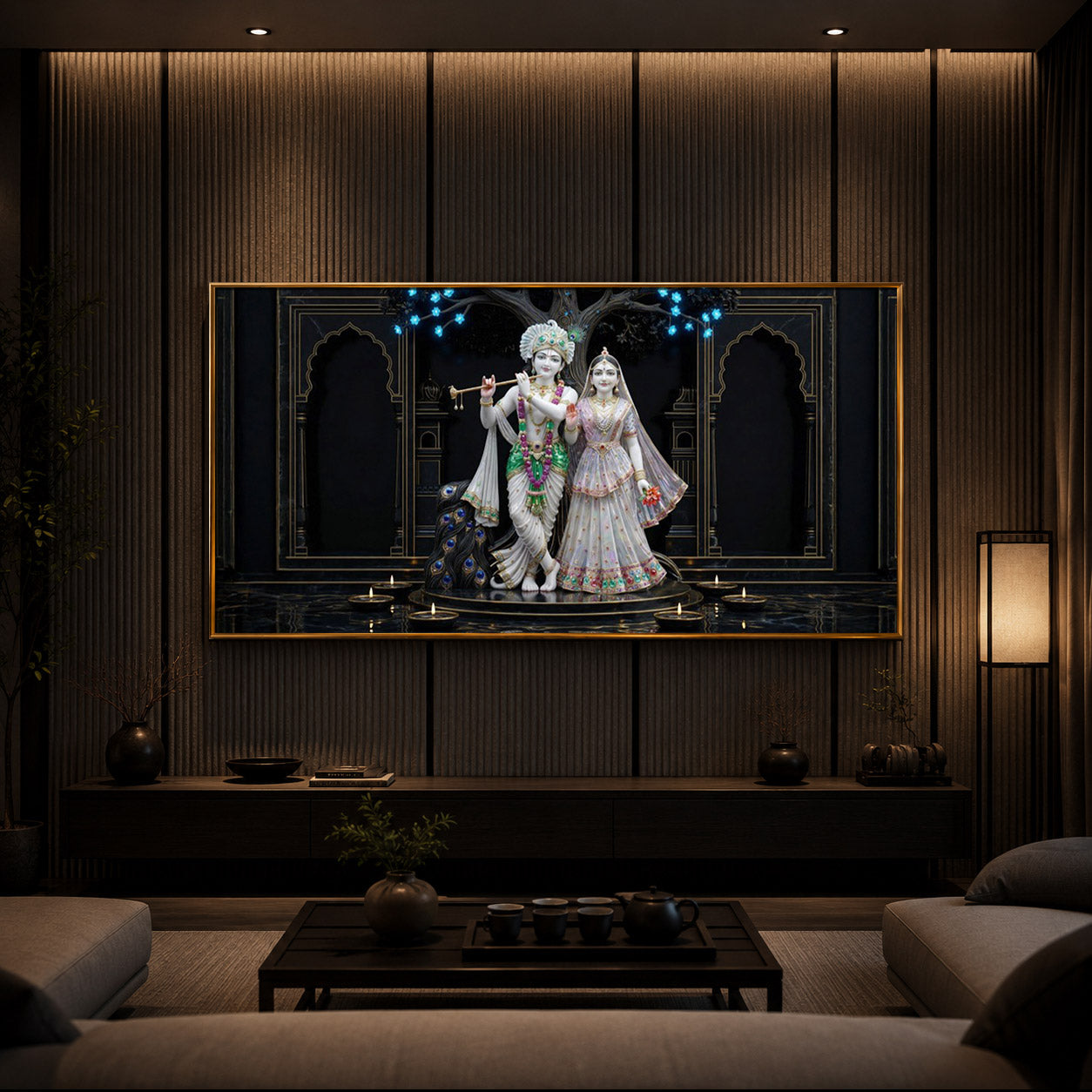 Radha Krishna With Flute Modern Luxury Backlight Horizontal Wall Art