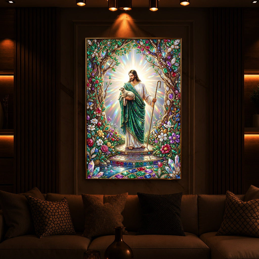 Divine Good Shepherd Jesus Modern Luxury Backlight Vertical Wall Art
