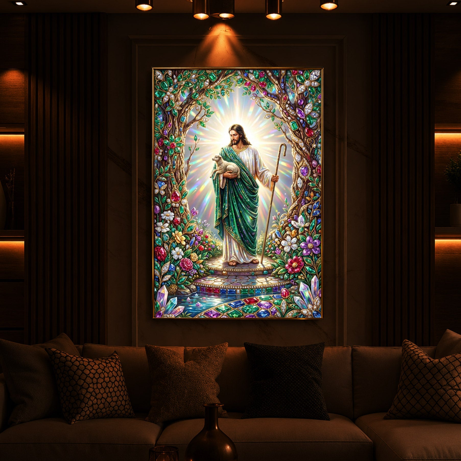 Divine Good Shepherd Jesus Modern Luxury Backlight Vertical Wall Art