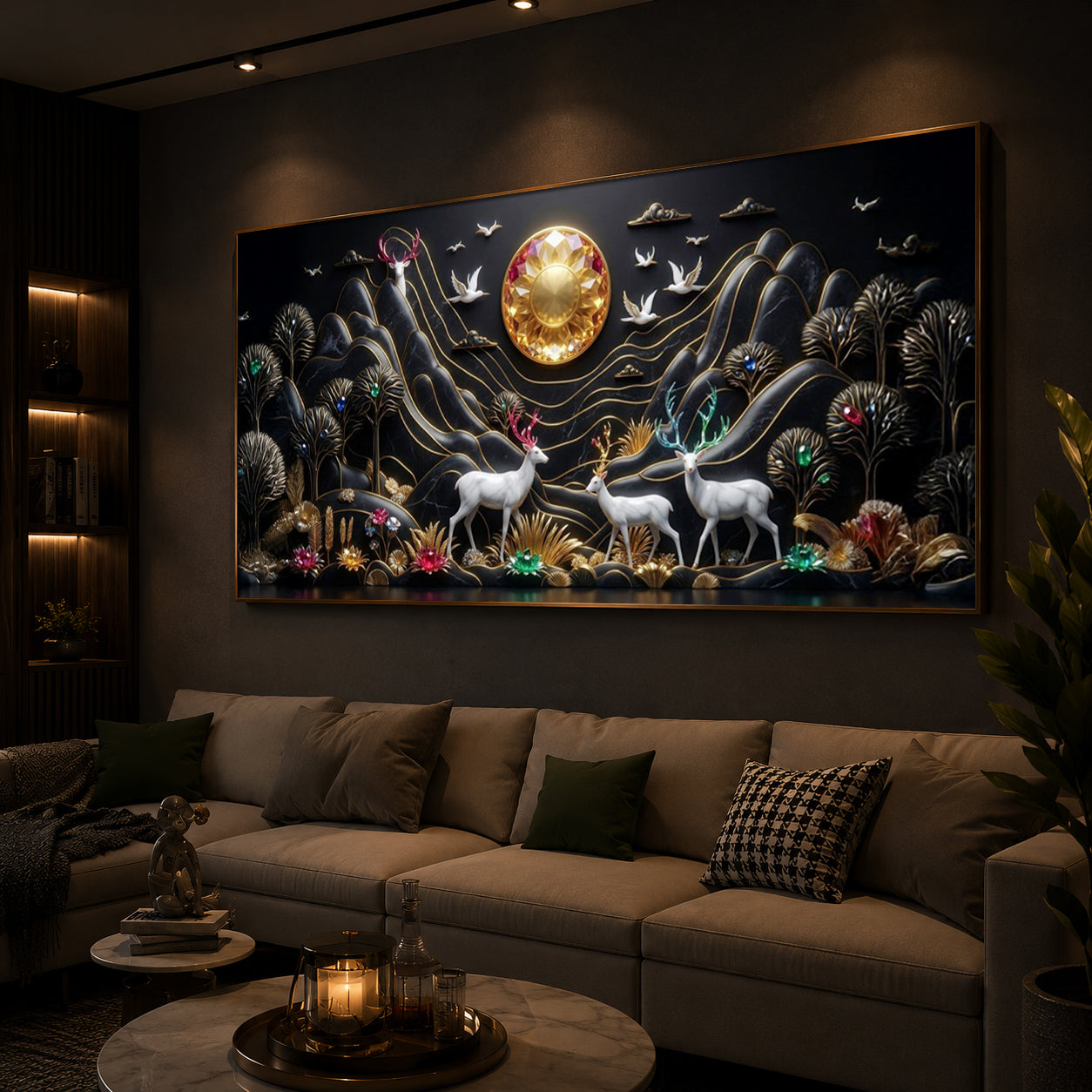 White Deer With Family Modern Luxury Backlight Horizontal Wall Art