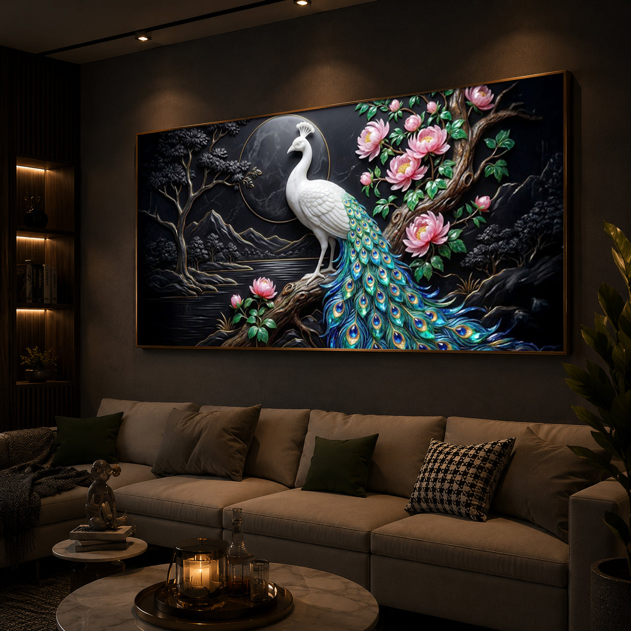 White Peacock With Flowers Modern Luxury Backlight Horizontal Wall Art