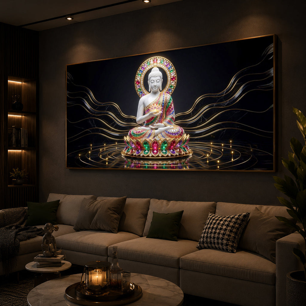 White Buddha Statue Modern Luxury Backlight Horizontal Wall Art