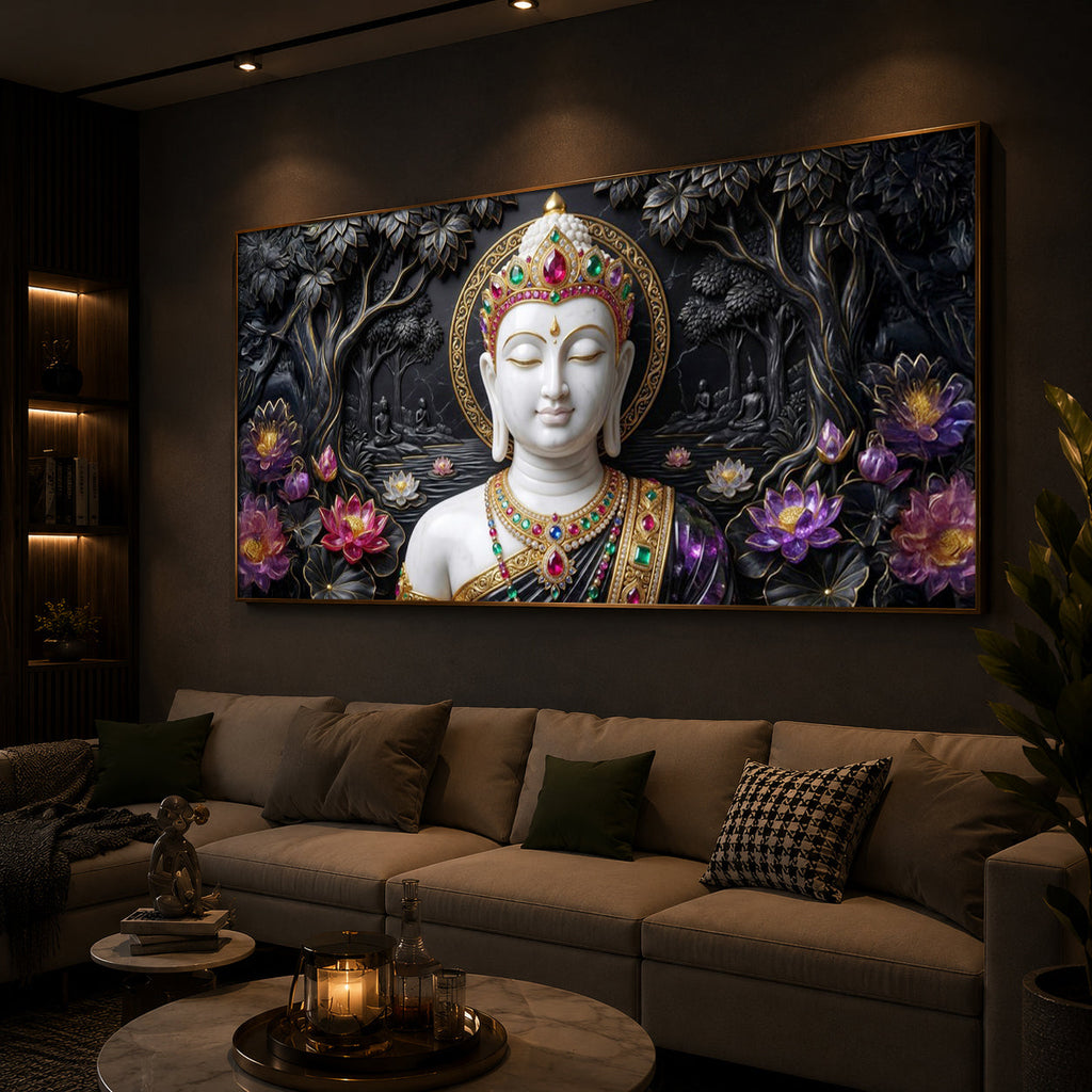Lotus Serenity Lord Buddha Modern Luxury Backlight Horizontal Wall Art