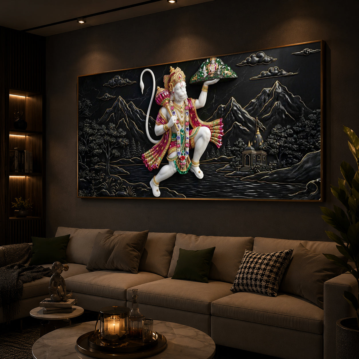 Lord Hanuman Carrying Sanjeevani Mountain Modern Luxury Backlight Horizontal Wall Art