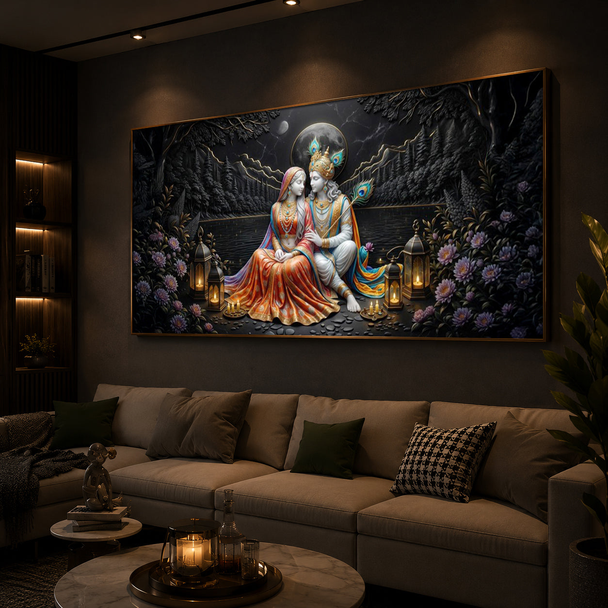 Hindu Deity Radha Krishna Modern Luxury Backlight Horizontal Wall Art
