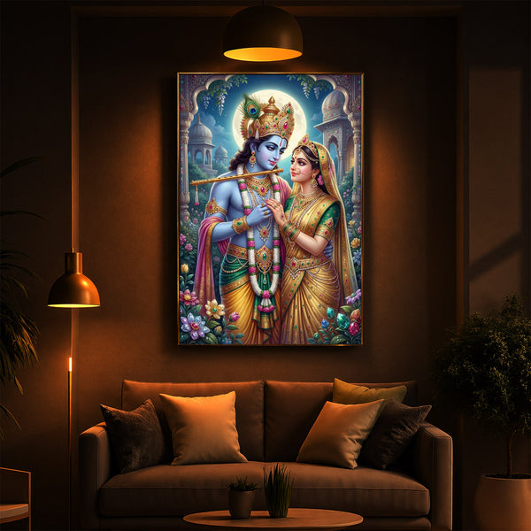 Goddess Shri Radha and God Krishna Modern Luxury Backlight Vertical Wall Art