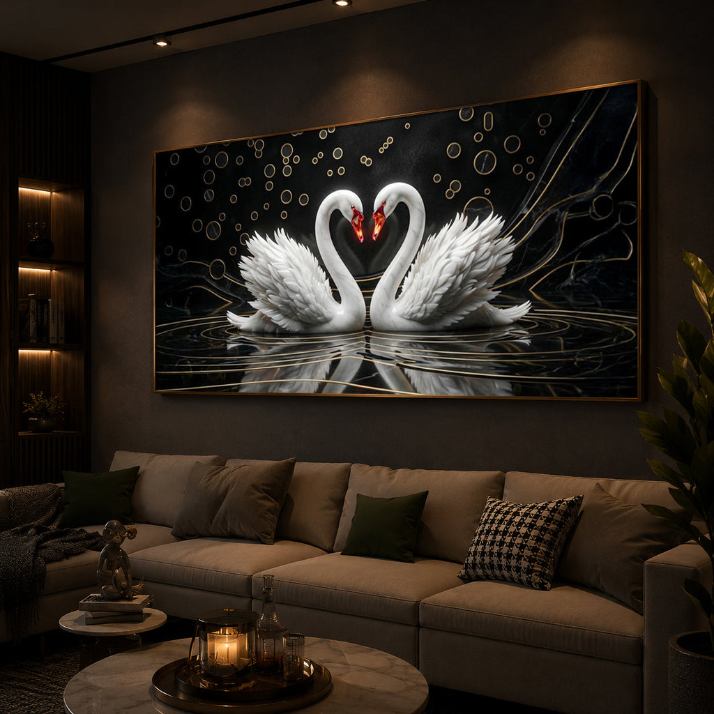 Two White Swans Forming A Heart Modern Luxury Backlight Horizontal Wall Art