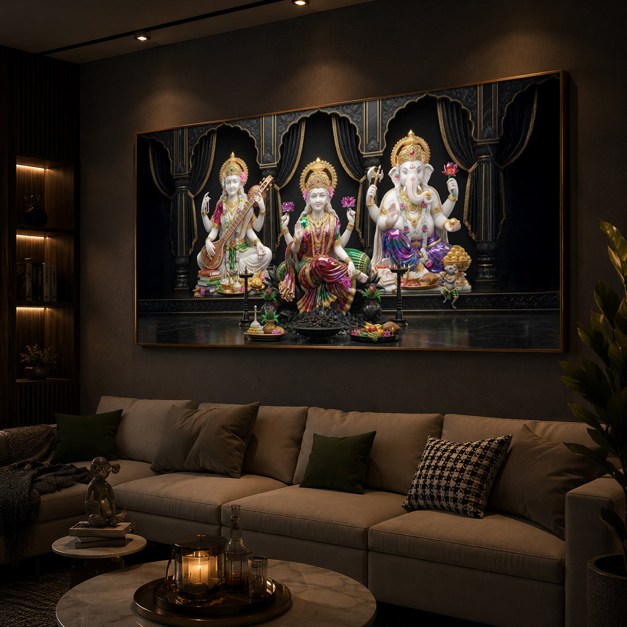 Saraswati,Lakshmi, & Lord Ganesha Modern Luxury Backlight Horizontal Wall Art