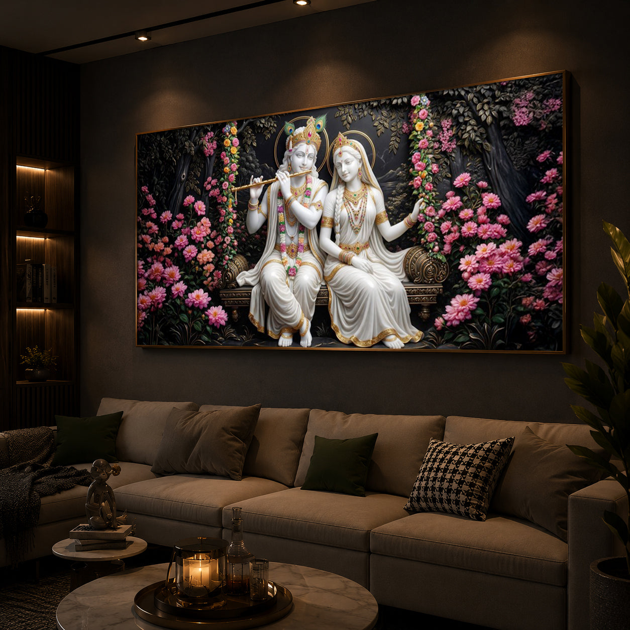 Radha Krishna With Flower Modern Luxury Backlight Horizontal Wall Art
