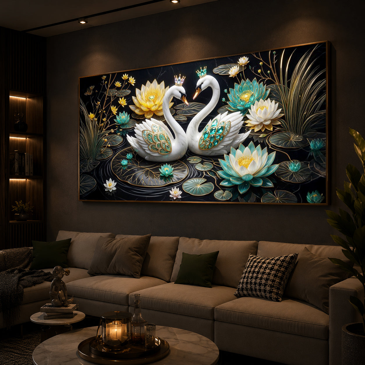 Pair Of White Swans Modern Luxury Backlight Horizontal Wall Art