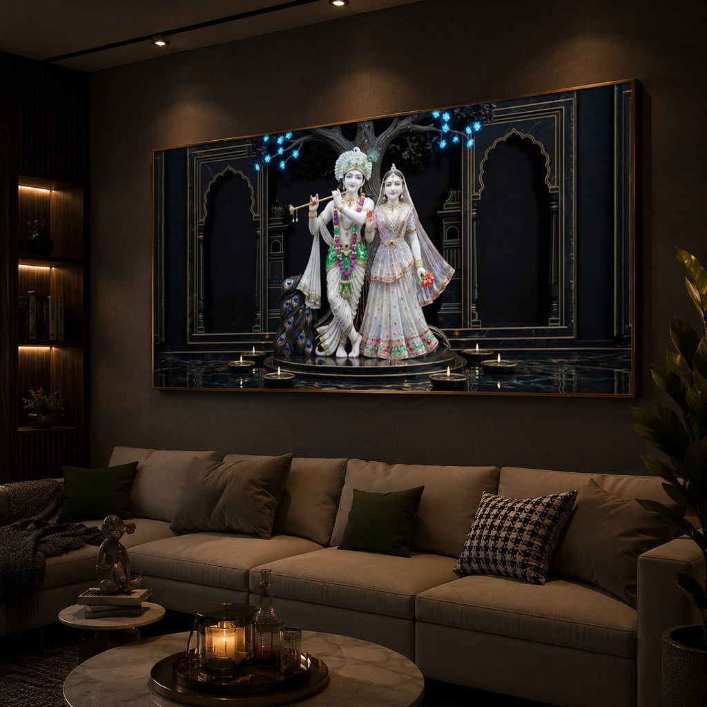 Radha Krishna With Flute Modern Luxury Backlight Horizontal Wall Art