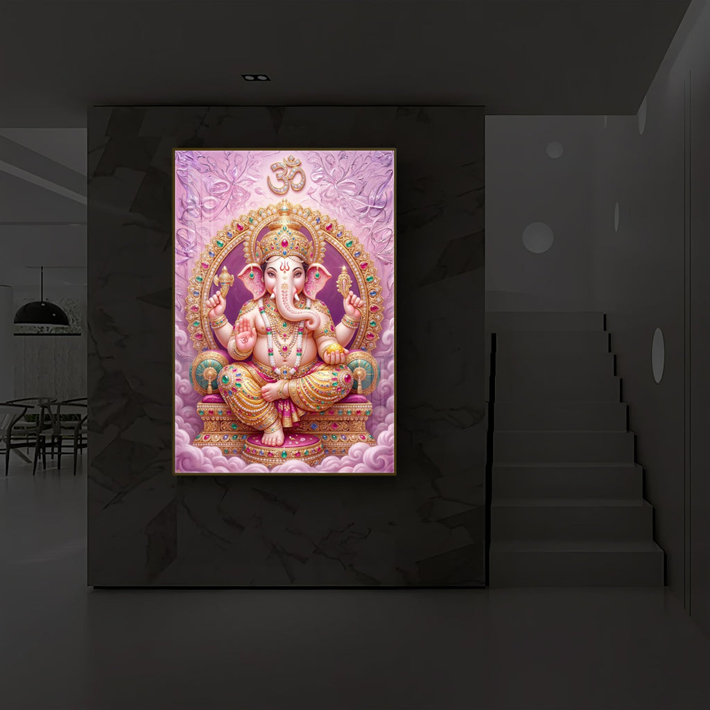 Vakratunda Mahakaya Ganesh Ji Modern Luxury Backlight Vertical Wall Art