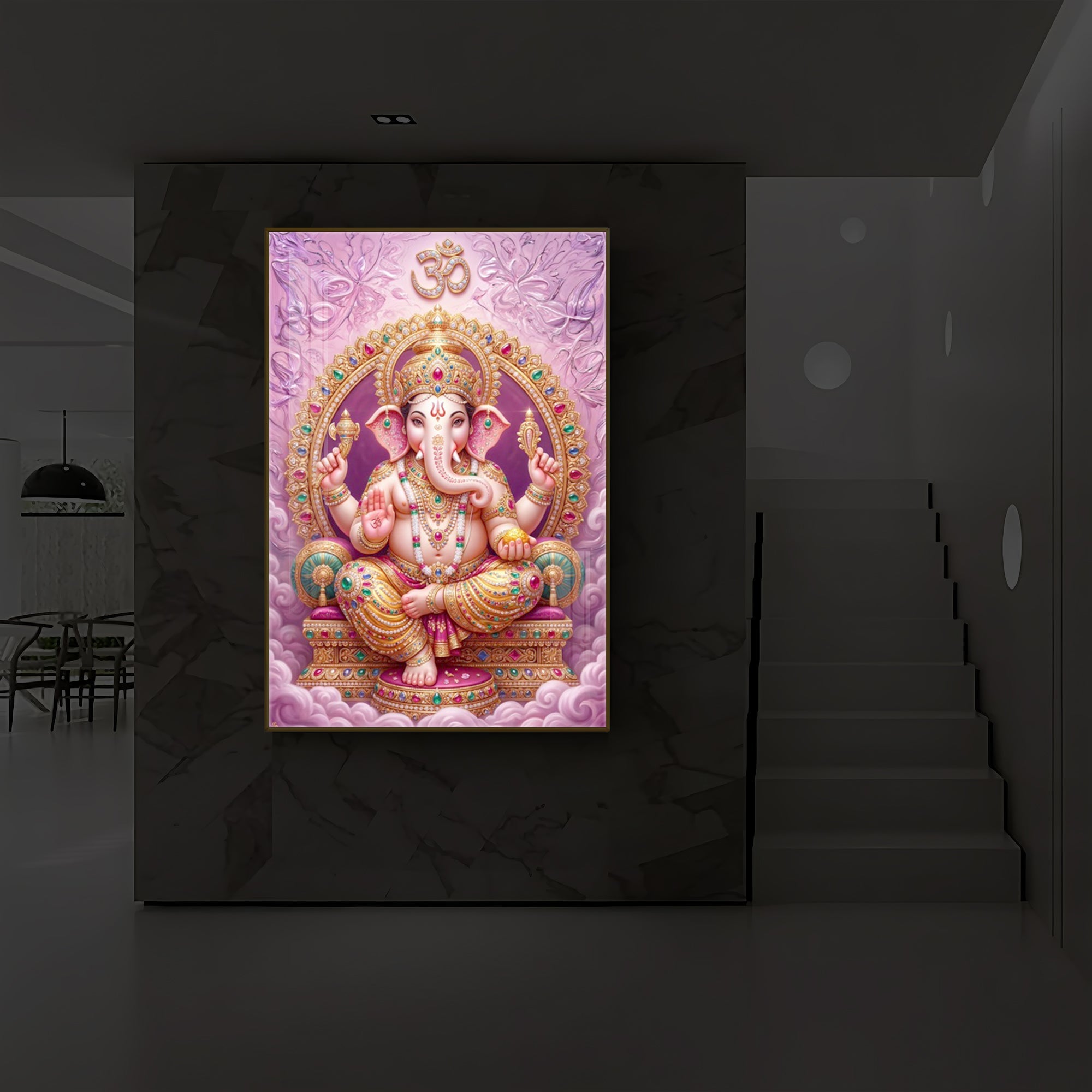 Vakratunda Mahakaya Ganesh Ji Modern Luxury Backlight Vertical Wall Art