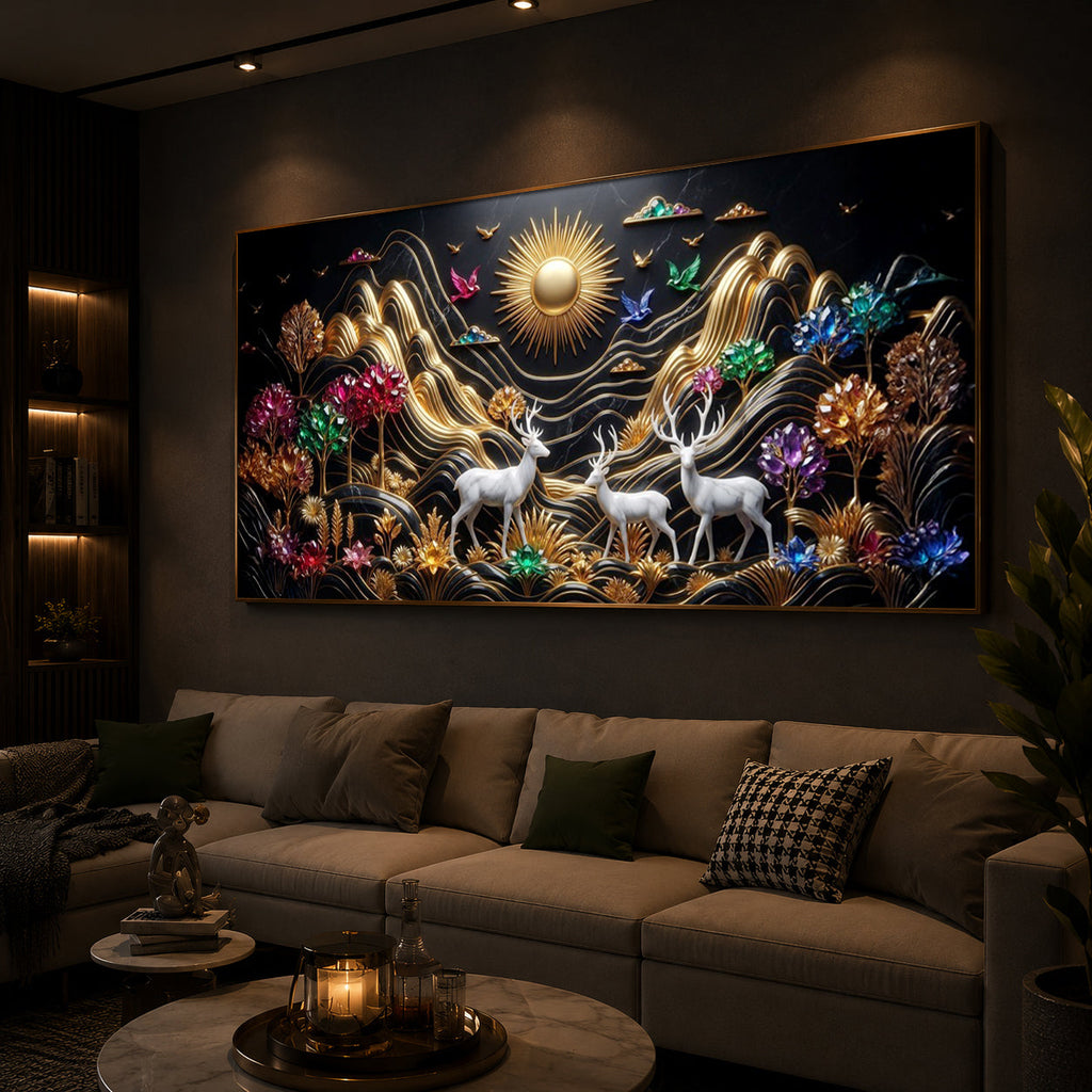 White Deer With Sun Modern Luxury Backlight Horizontal Wall Art
