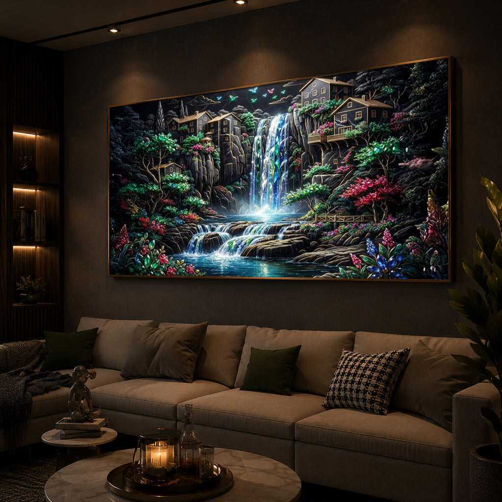 Lush Mountain Waterfall Modern Luxury Backlight Horizontal Wall Art