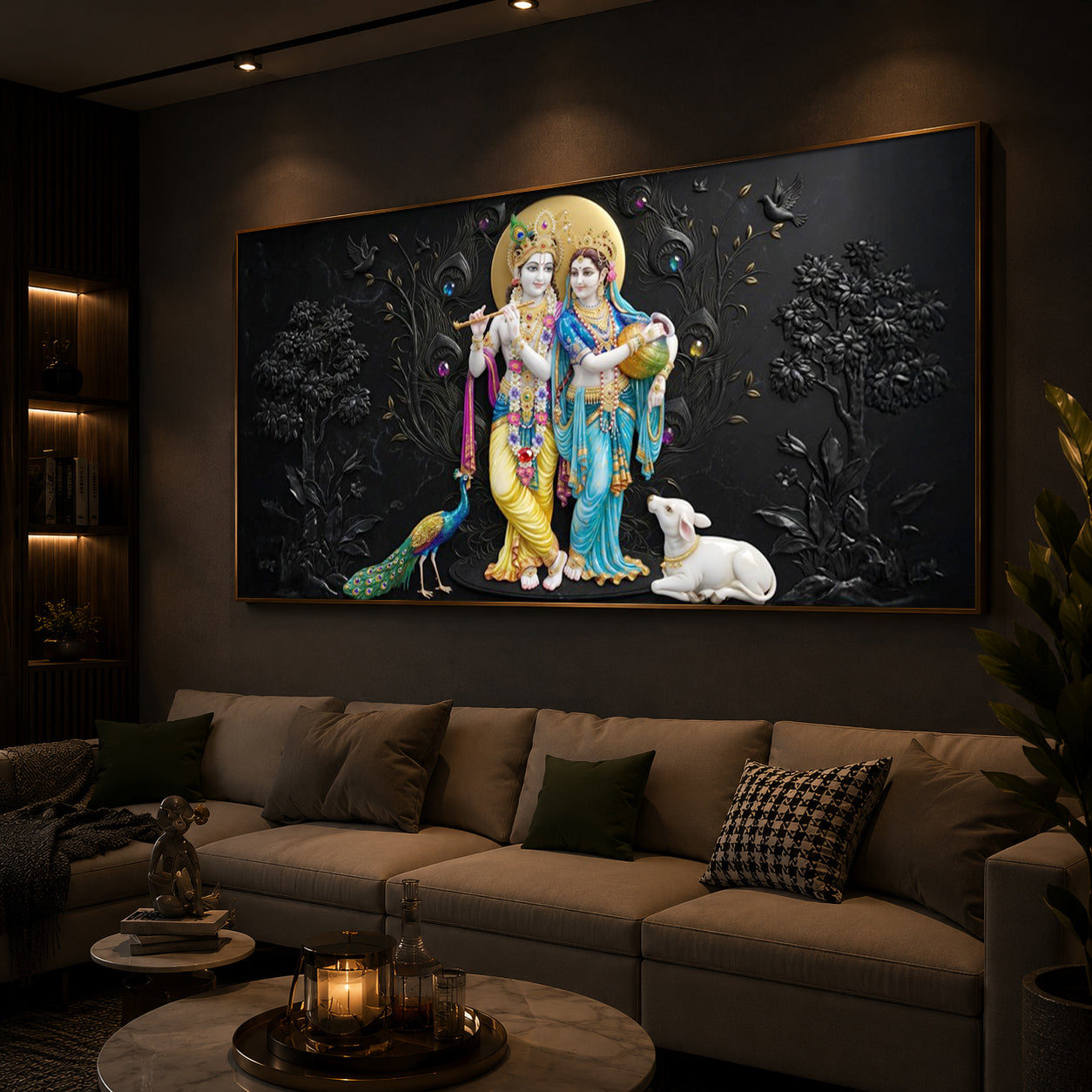 Depicting Radha Krishna Modern Luxury Backlight Horizontal Wall Art