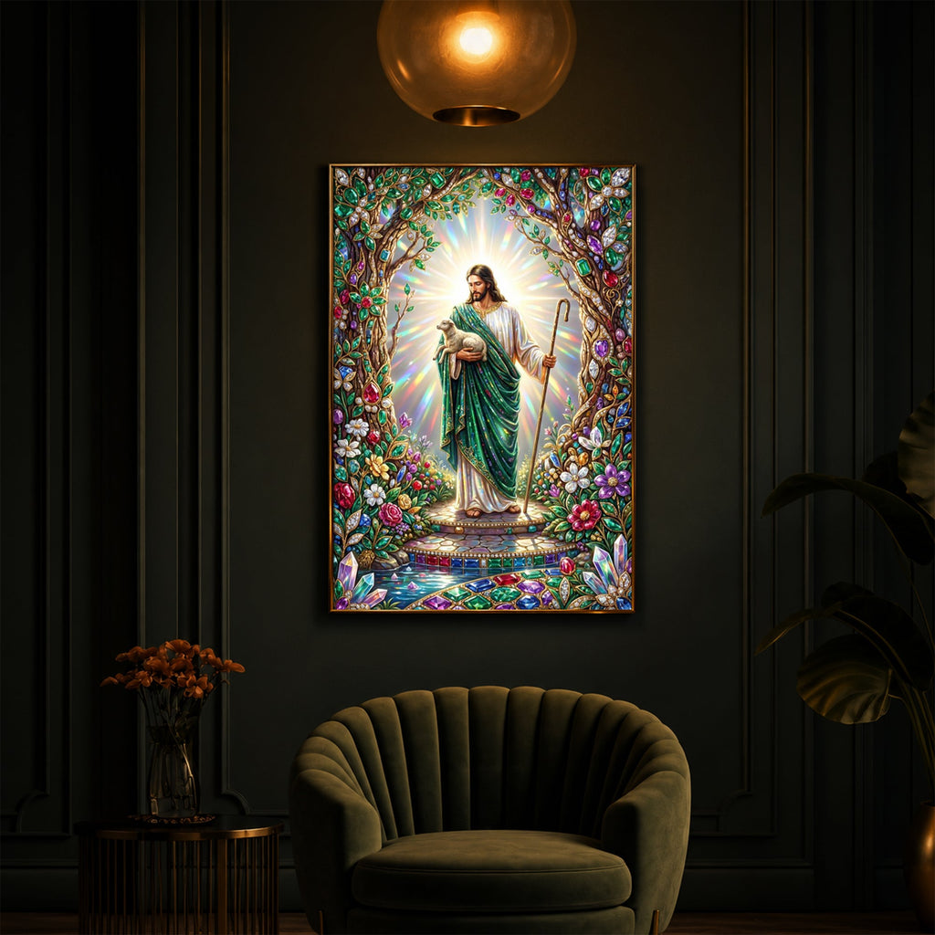 Divine Good Shepherd Jesus Modern Luxury Backlight Vertical Wall Art